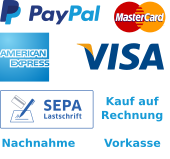 Zahlungsarten: PayPal Mastercard Visa SEPA American-Express Vorkasse Rechnung Nachnahme